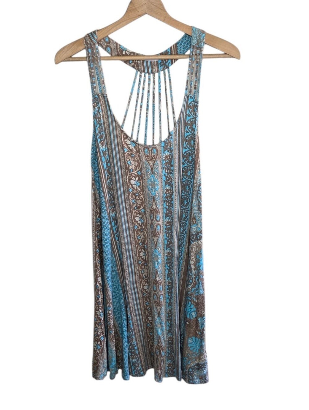 Lascana Turquoise Brown Tan Print Strappy Detail Scoop Neck Dress Size 8
